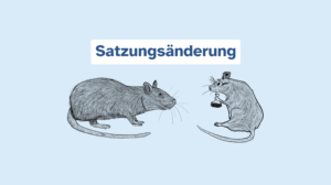 Zeichnung einer Wildratte und einer Ratte mit Schutzbrille und Glaskolben. Darüber steht "Satzungsänderung"